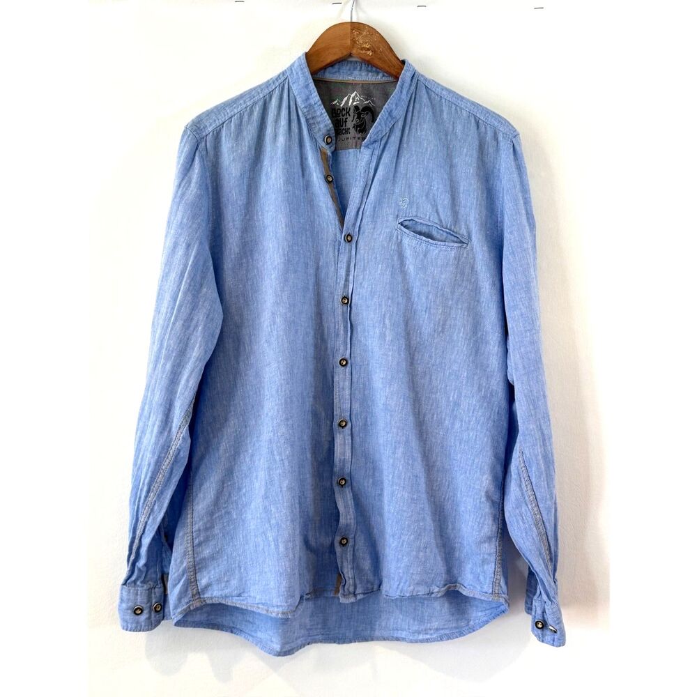 Jupiter Bock auf Tracht Blue Linen Band Collar Shirt Regular Fit L/42 Button Up
